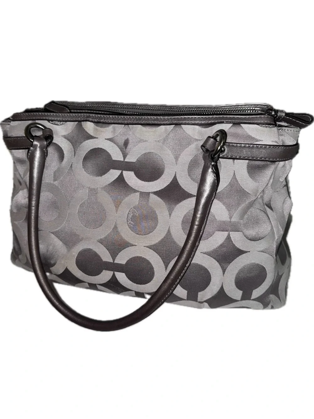 Coach Madison Op Art Kara Carryall Handbag 2012 Silver & Grey w 2-Hangtags - GUC
